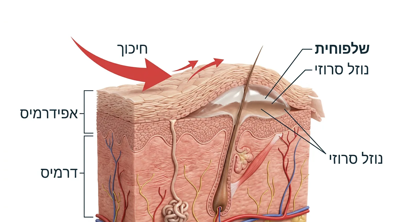 איור דיאגרמטי המראה כיצד נוצרת שלפוחית: חיכוך מפריד את שכבת העור העליונה (אפידרמיס) מהשכבה שמתחתיה, והחלל מתמלא בנוזל.