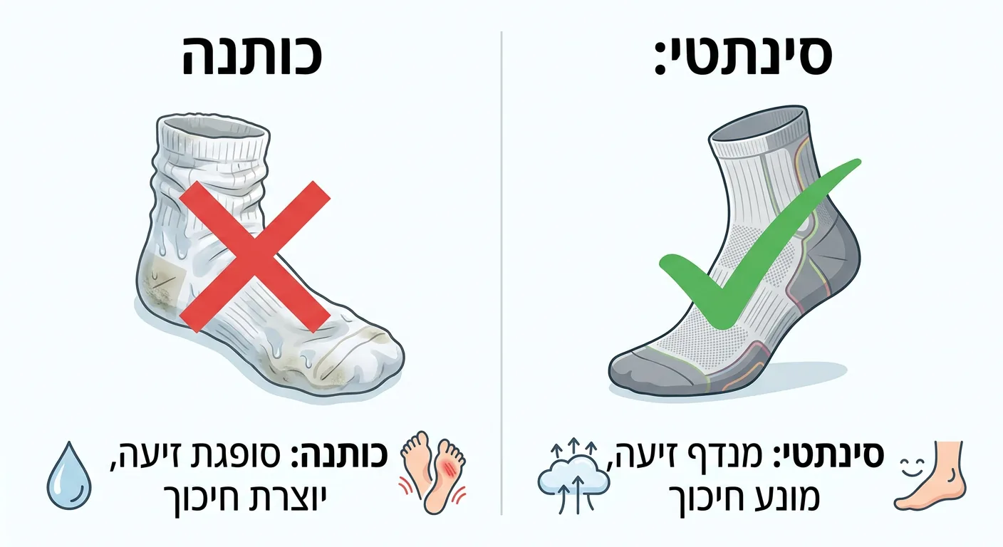 אינפוגרפיקה המשווה בין גרב כותנה רטובה הגורמת לחיכוך לבין גרב ריצה סינתטית המנדפת זיעה ומונעת שלפוחיות.
