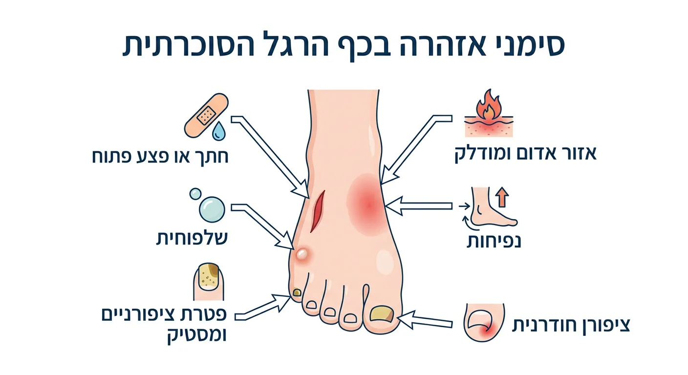 אינפוגרפיקה המציגה סימני אזהרה בכף רגל סוכרתית: חתכים, שלפוחיות, אדמומיות, נפיחות, פטרת וציפורן חודרנית