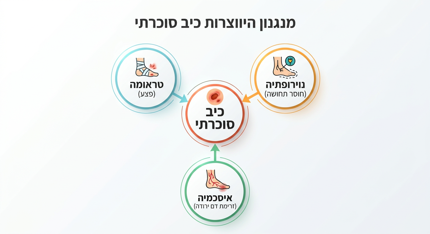 אינפוגרפיקה המציגה את טריאדת הכיב הסוכרתי: שילוב של טראומה, נוירופתיה ואיסכמיה