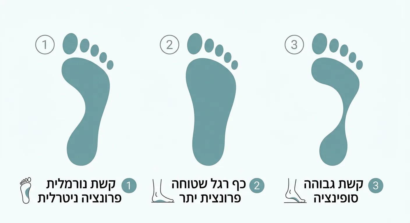 אינפוגרפיקה המדגימה את מבחן הרטיבות לזיהוי סוג קשת כף הרגל: קשת רגילה, קשת נמוכה (פלטפוס) וקשת גבוהה.