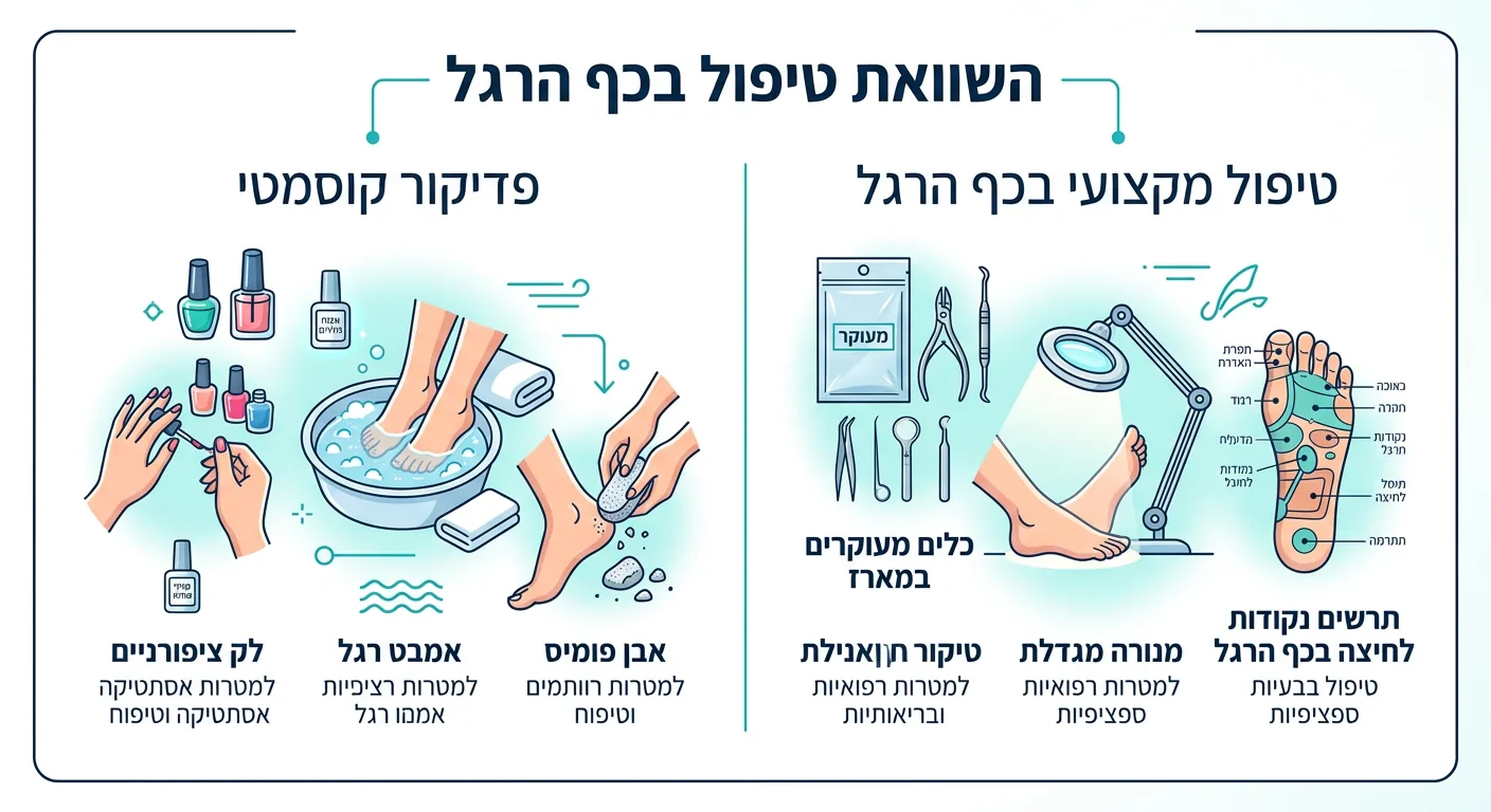 אינפוגרפיקה המשווה בין פדיקור קוסמטי לטיפול מקצועי בכף הרגל, המדגישה את ההבדלים במטרה, בכלים ובידע