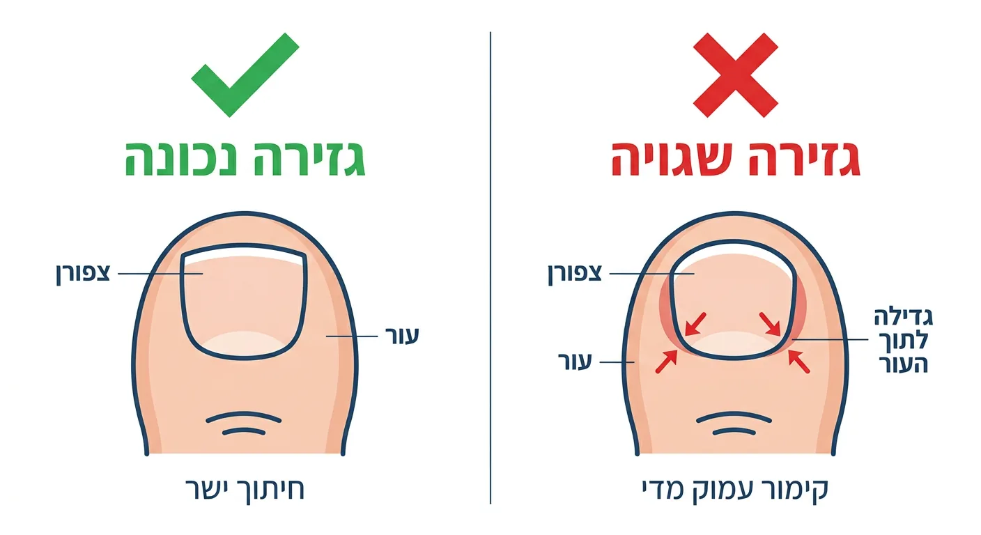 אינפוגרפיקה: השוואה בין גזירה נכונה (ישרה) לגזירה שגויה (מעוגלת) של ציפורן למניעת ציפורן חודרנית