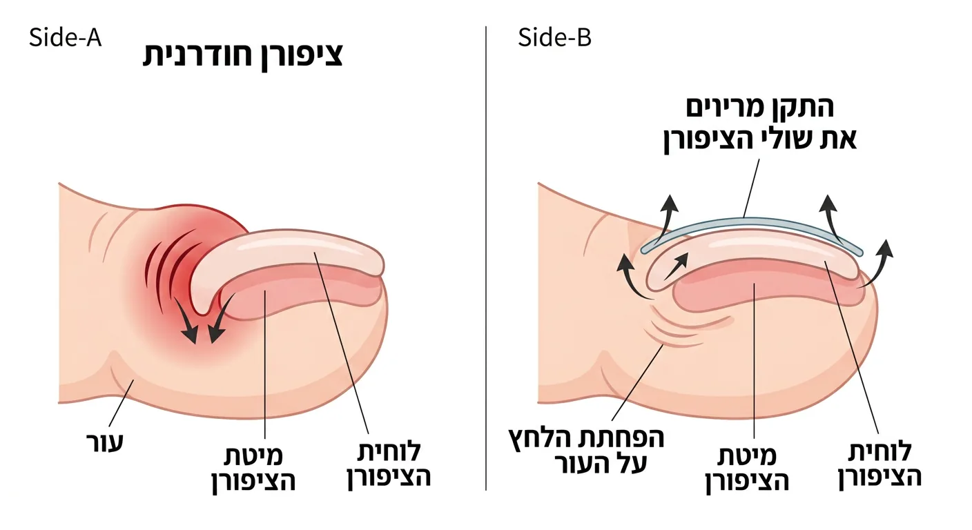 אינפוגרפיקה המדגימה חתך רוחב של ציפורן חודרנית לעומת ציפורן עם התקן יישור, המראה כיצד ההתקן מרים את דפנות הציפורן ומשחרר את הלחץ מהעור